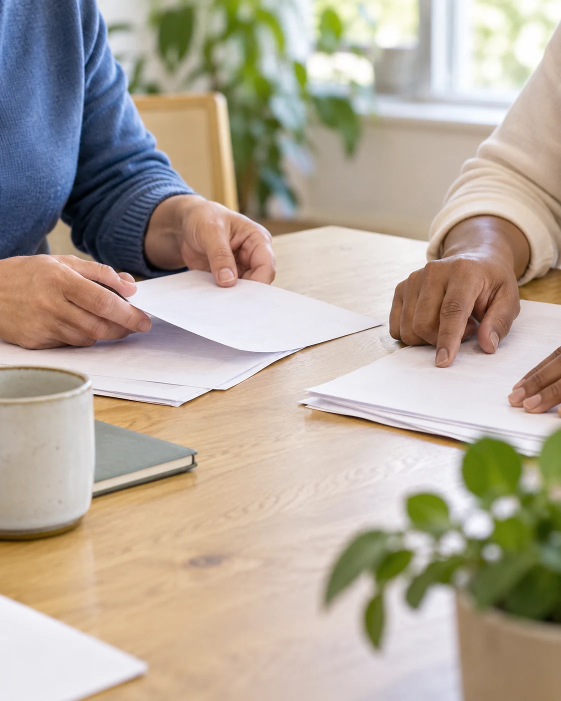 Illustrative close-up of two adults organizing papers at a light wooden table.